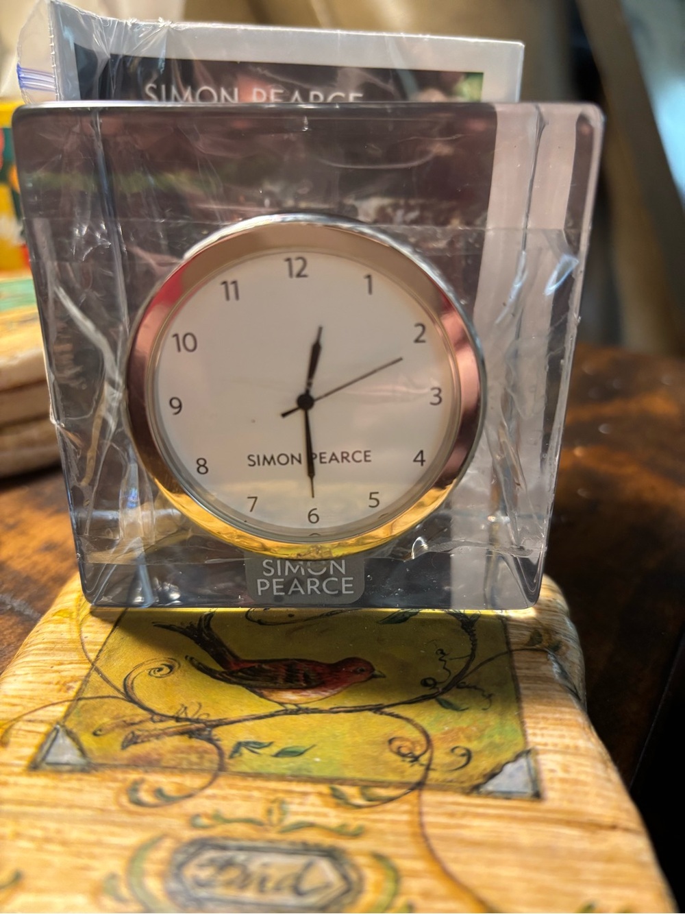 Simon Pearce Woodbury Heavy Crystal Desk Clock Cube Gold Bezel  etched Signed